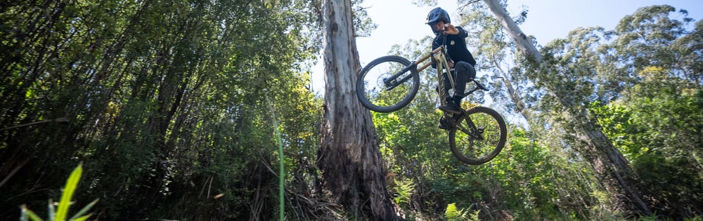Mountain bike rider takes a jump along the Delatite River Trail ride at Mt Buller