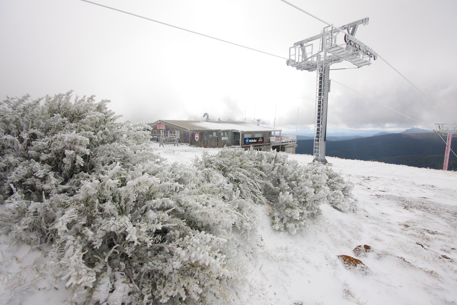 External view of Tirol cafe from the chair in fresh snow